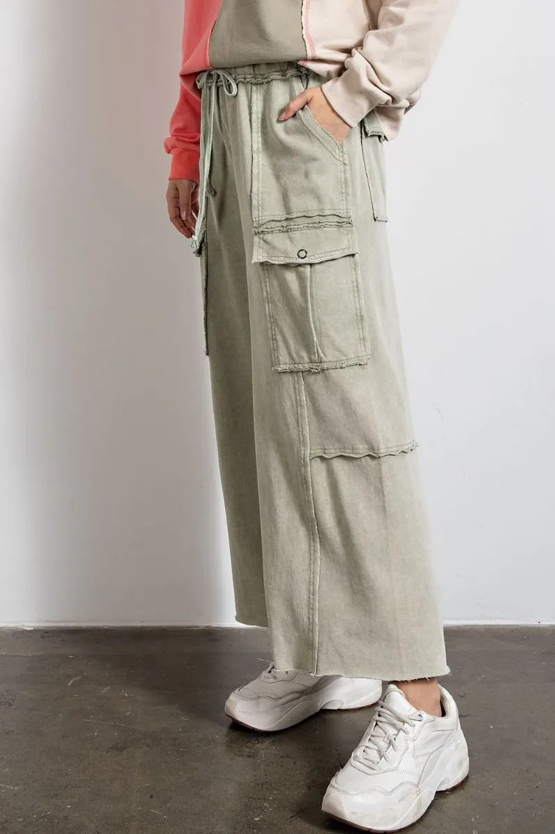 Easel Mineral Washed Wide Legs Terry Knit Cargo Pants by Sensual Fashion Boutique