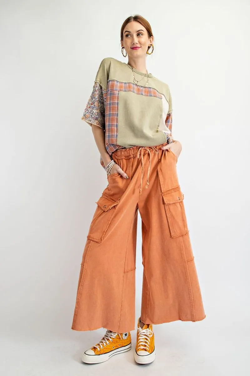 Easel Mineral Washed Wide Legs Terry Knit Cargo Pants by Sensual Fashion Boutique