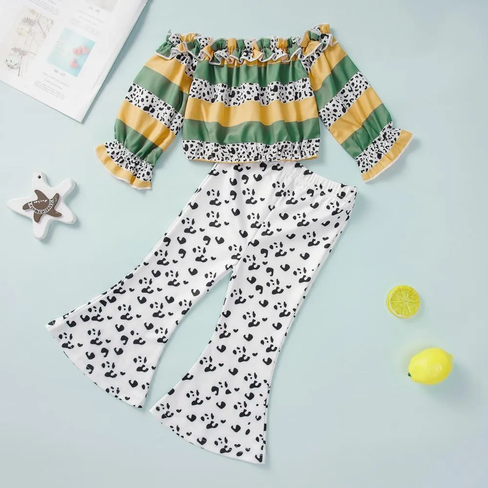 Girls Long Sleeve Off-shoulder Top&Flare Pants Baby Girl Clothes Wholesale