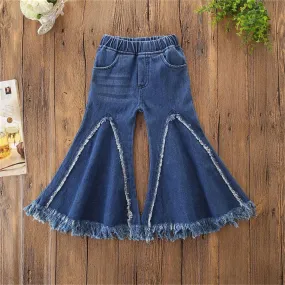 Girls Stylish Flared Pocket Solid Denim Pants Wholesale