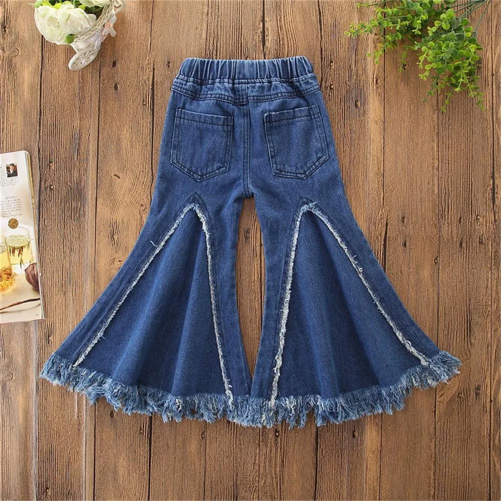 Girls Stylish Flared Pocket Solid Denim Pants Wholesale