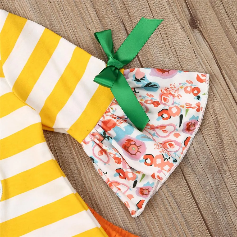 Girs Pumpkin Striped Printed Flared Sleeve Tops & Pants