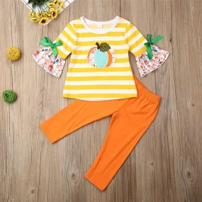 Girs Pumpkin Striped Printed Flared Sleeve Tops & Pants