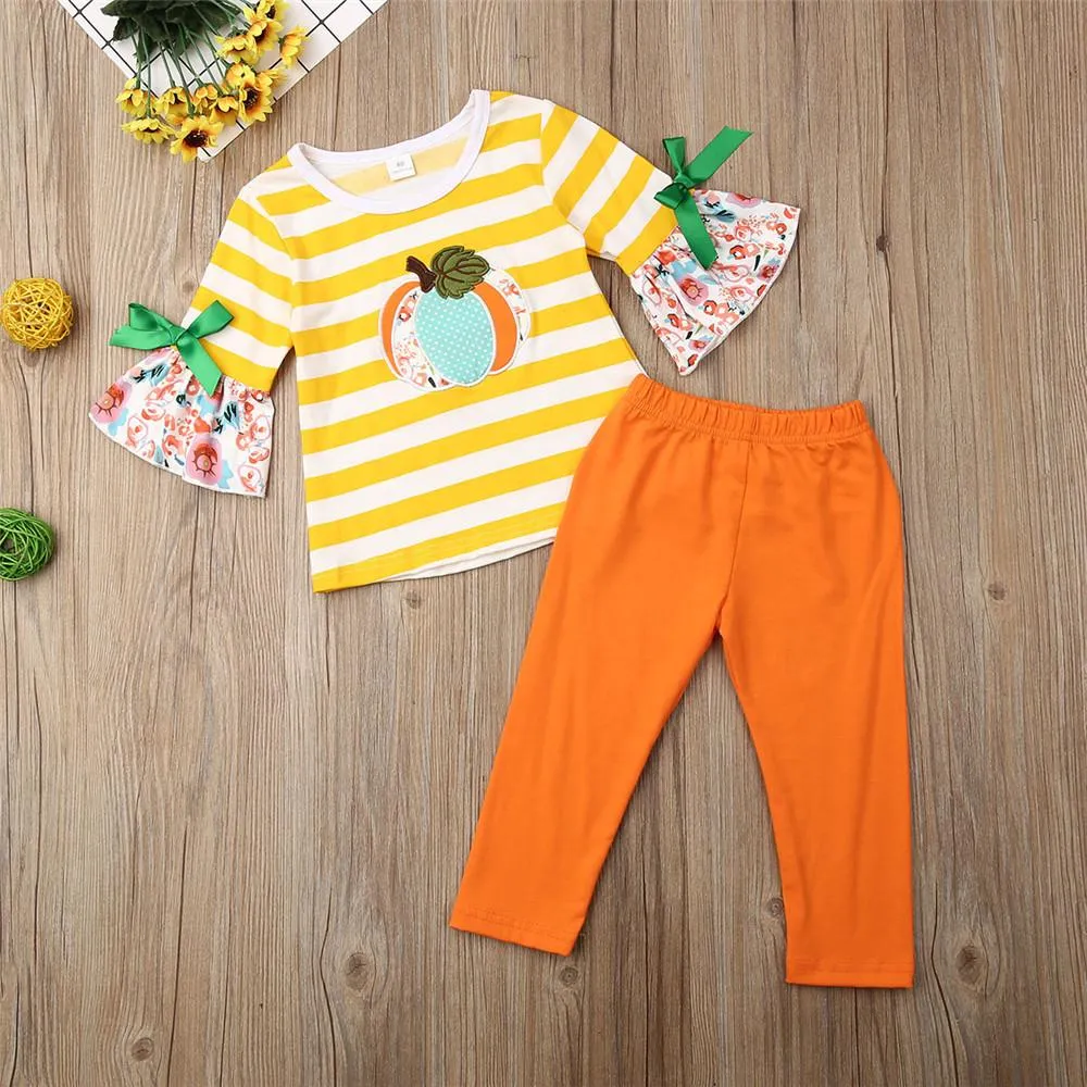 Girs Pumpkin Striped Printed Flared Sleeve Tops & Pants