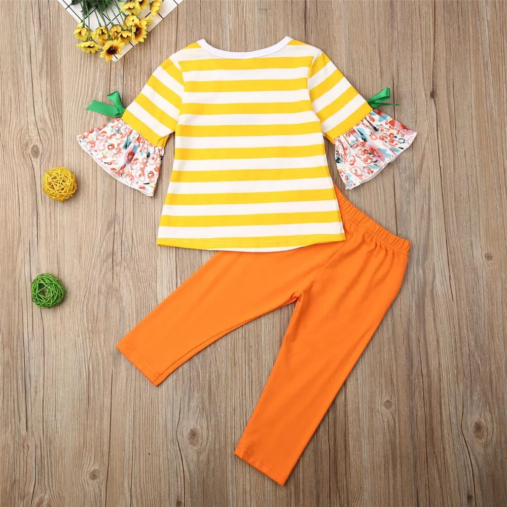 Girs Pumpkin Striped Printed Flared Sleeve Tops & Pants