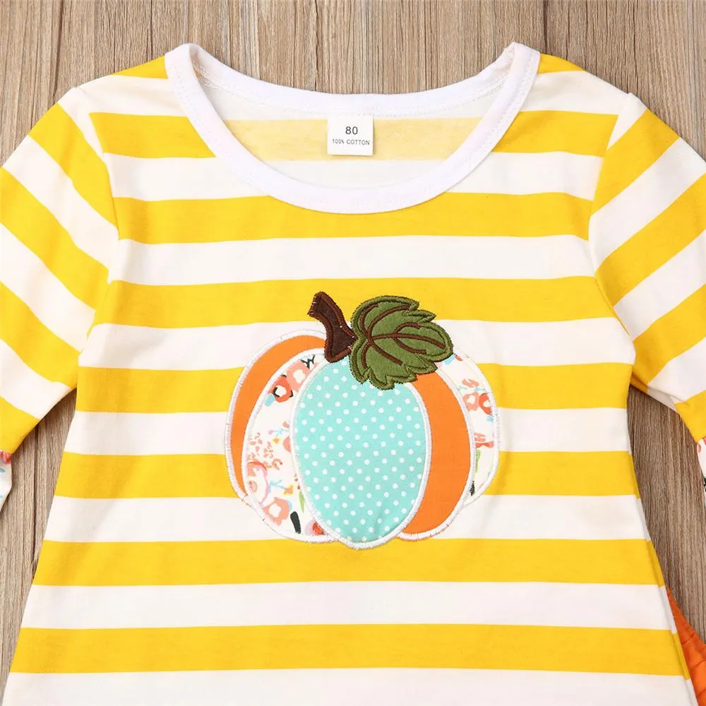 Girs Pumpkin Striped Printed Flared Sleeve Tops & Pants