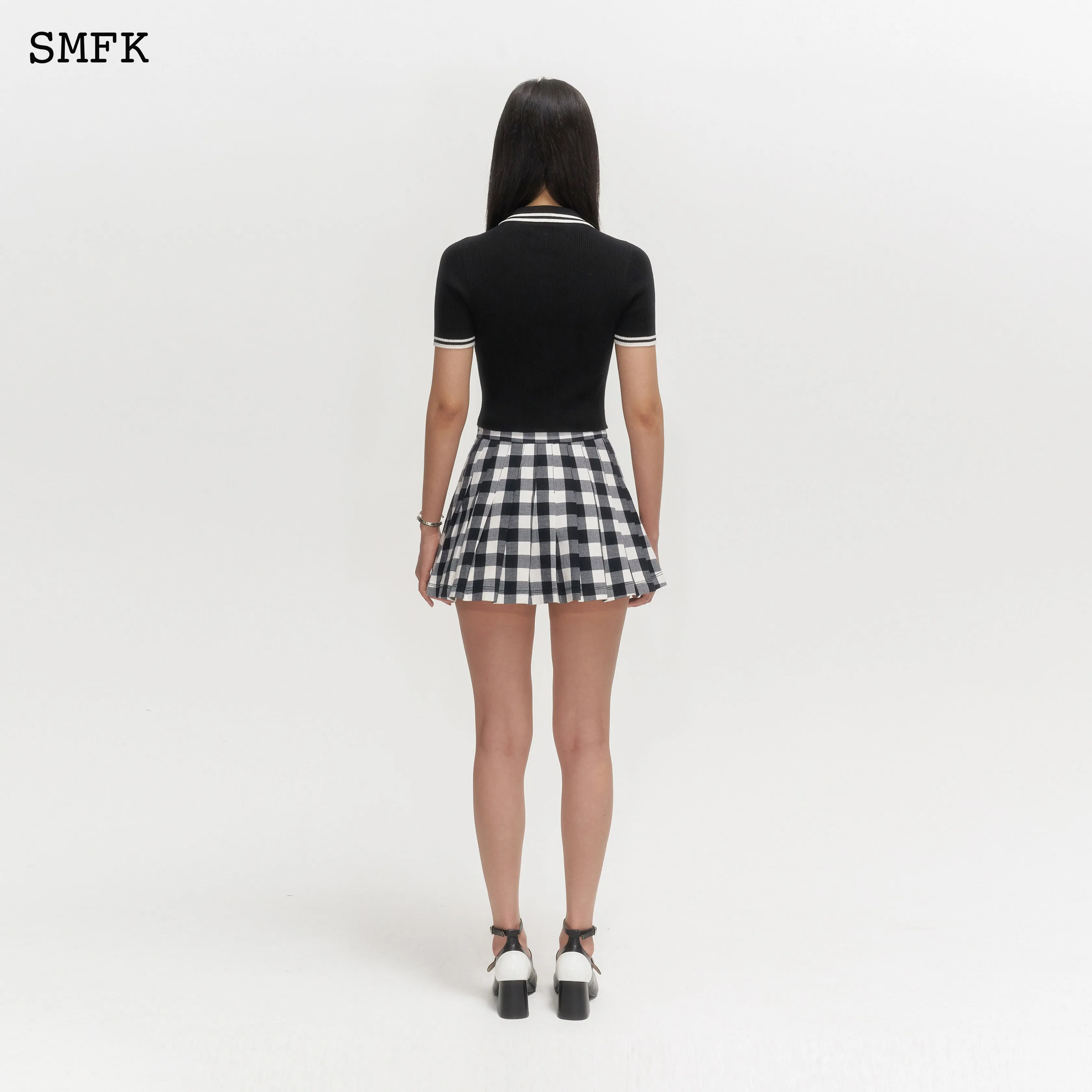 Grassland Black And White Checkered Pleated Skirt