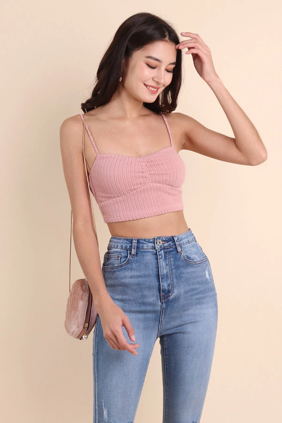 HELENA WEAVED SWEETHEART CROP TOP IN MUTED PINK