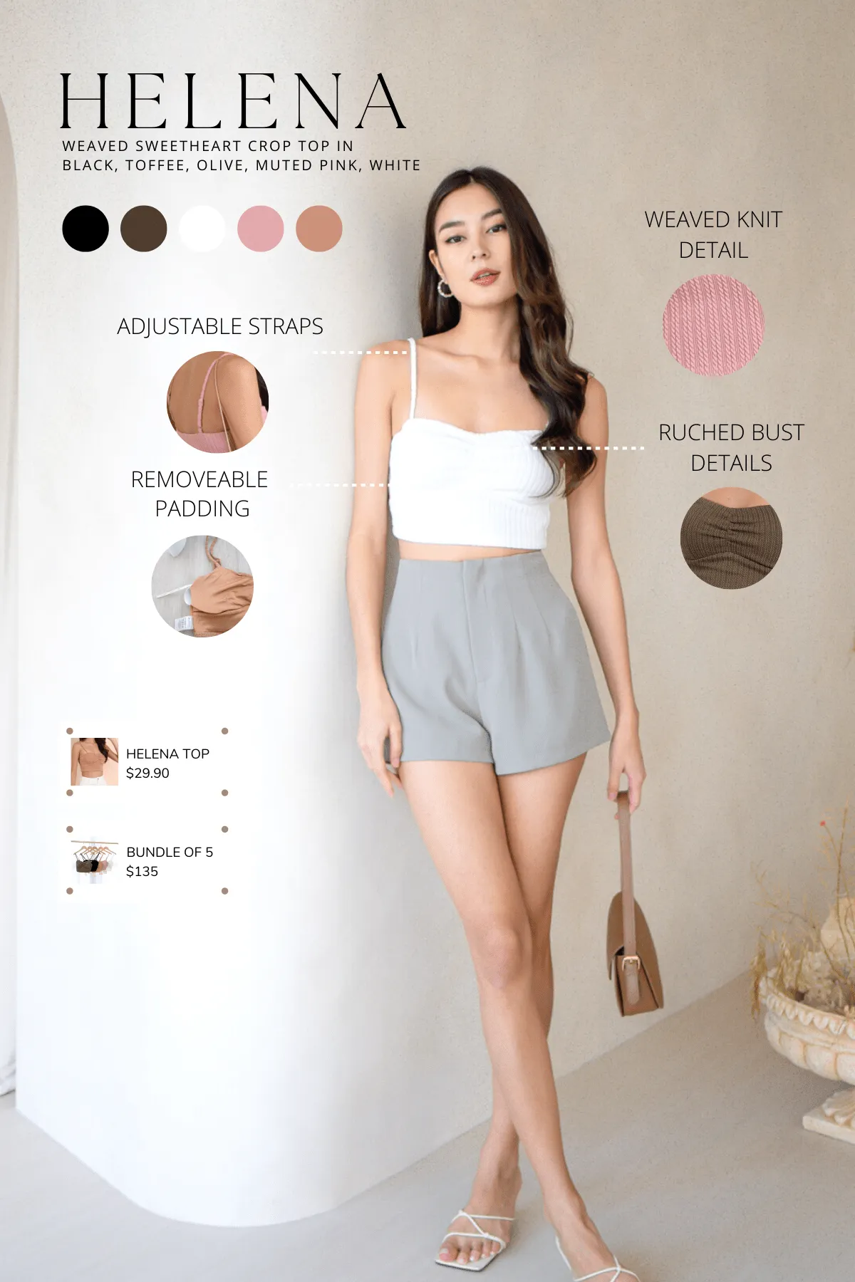 HELENA WEAVED SWEETHEART CROP TOP IN MUTED PINK