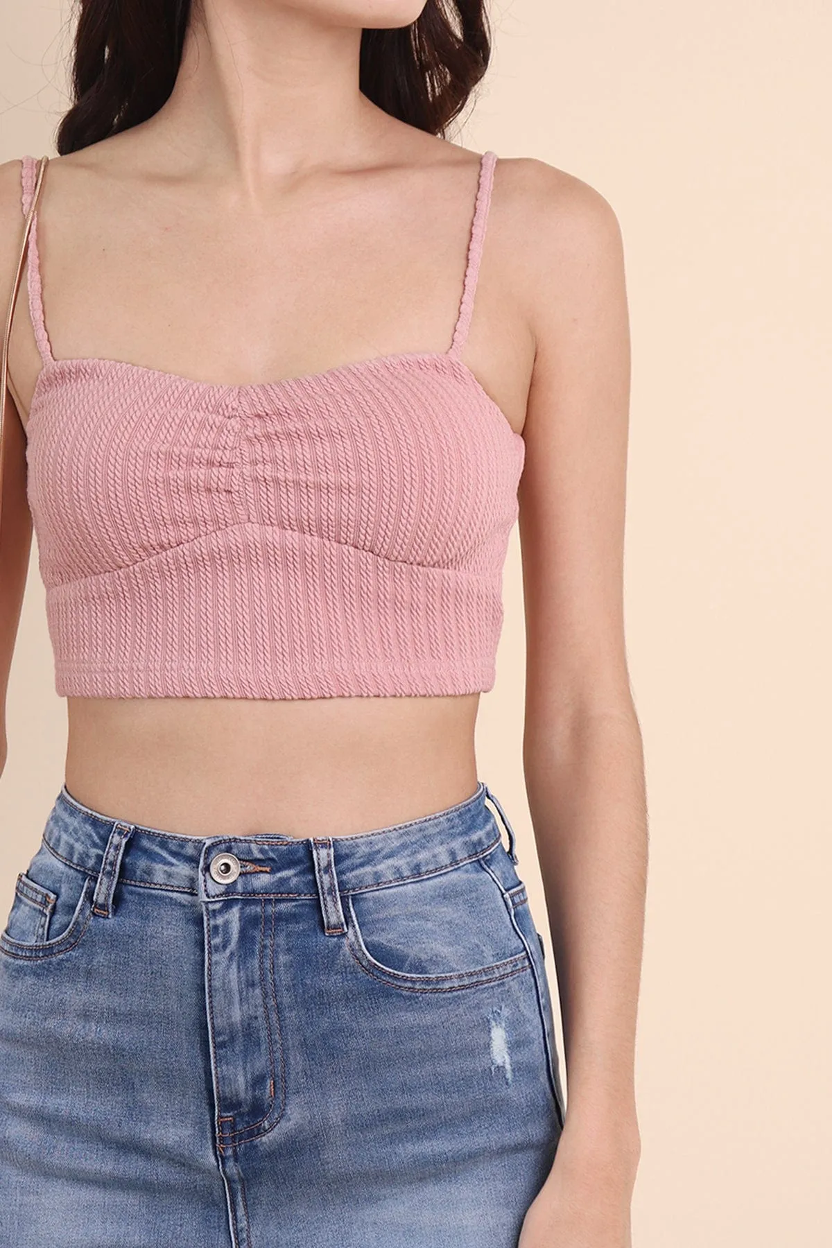 HELENA WEAVED SWEETHEART CROP TOP IN MUTED PINK