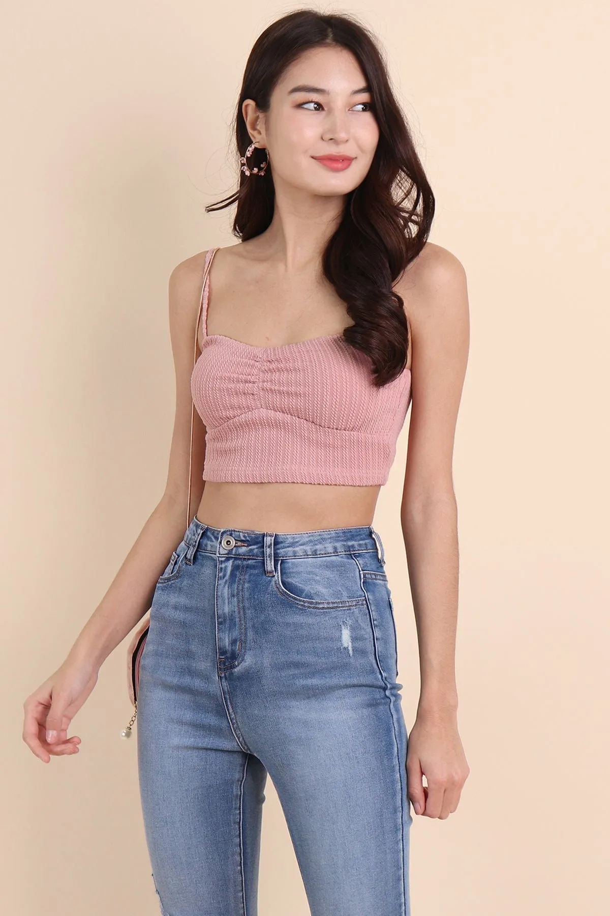 HELENA WEAVED SWEETHEART CROP TOP IN MUTED PINK