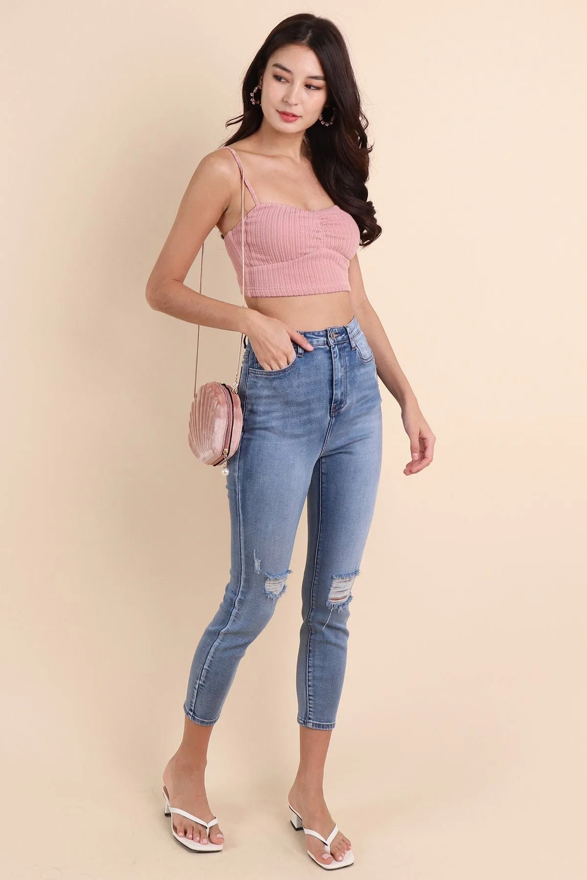 HELENA WEAVED SWEETHEART CROP TOP IN MUTED PINK