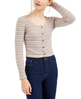 Hippie Rose Juniors' Button Crop Pointelle Top Charcoal Size Large