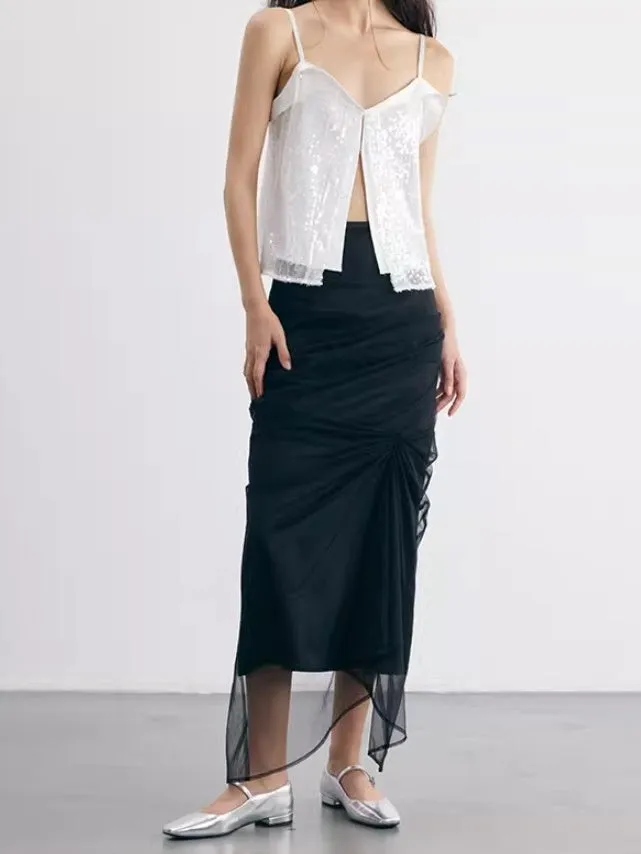 Irregular Cut Draped Mesh Pleated Wrap Long Skirt