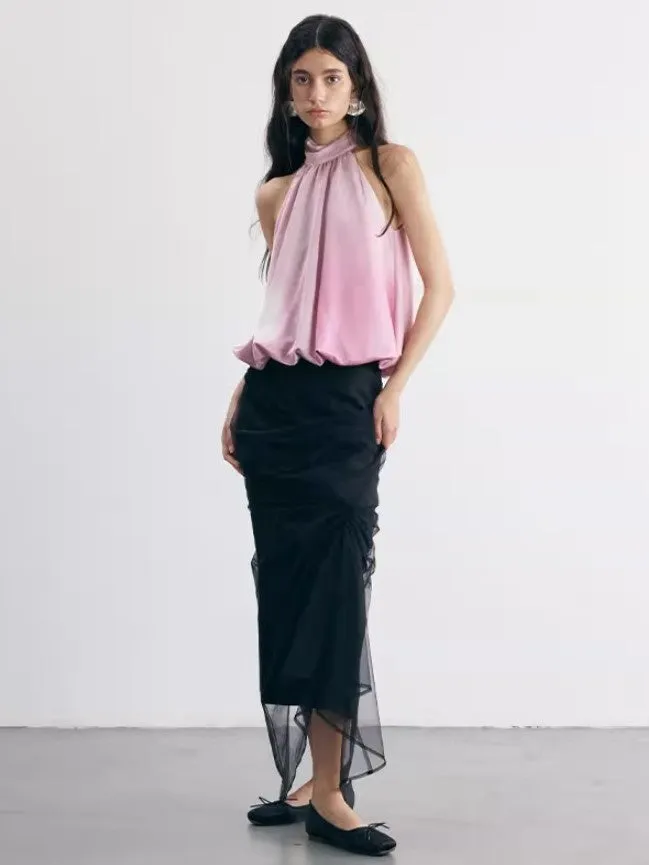 Irregular Cut Draped Mesh Pleated Wrap Long Skirt