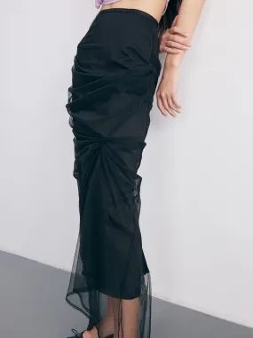 Irregular Cut Draped Mesh Pleated Wrap Long Skirt
