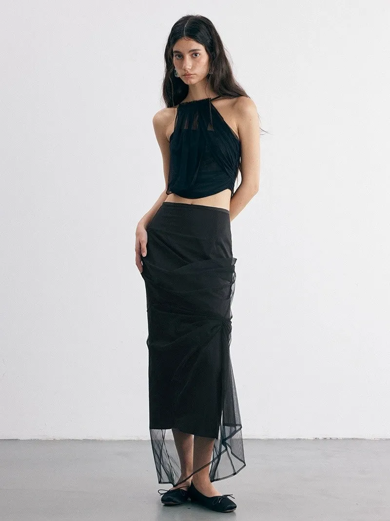 Irregular Cut Draped Mesh Pleated Wrap Long Skirt