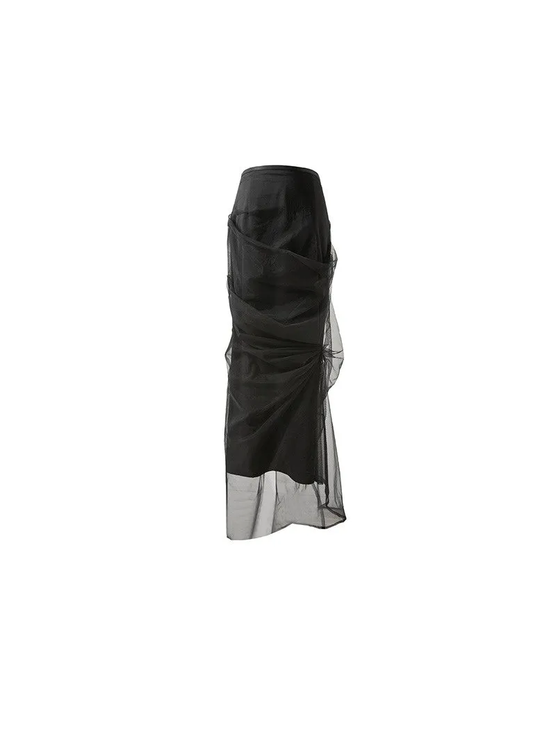Irregular Cut Draped Mesh Pleated Wrap Long Skirt