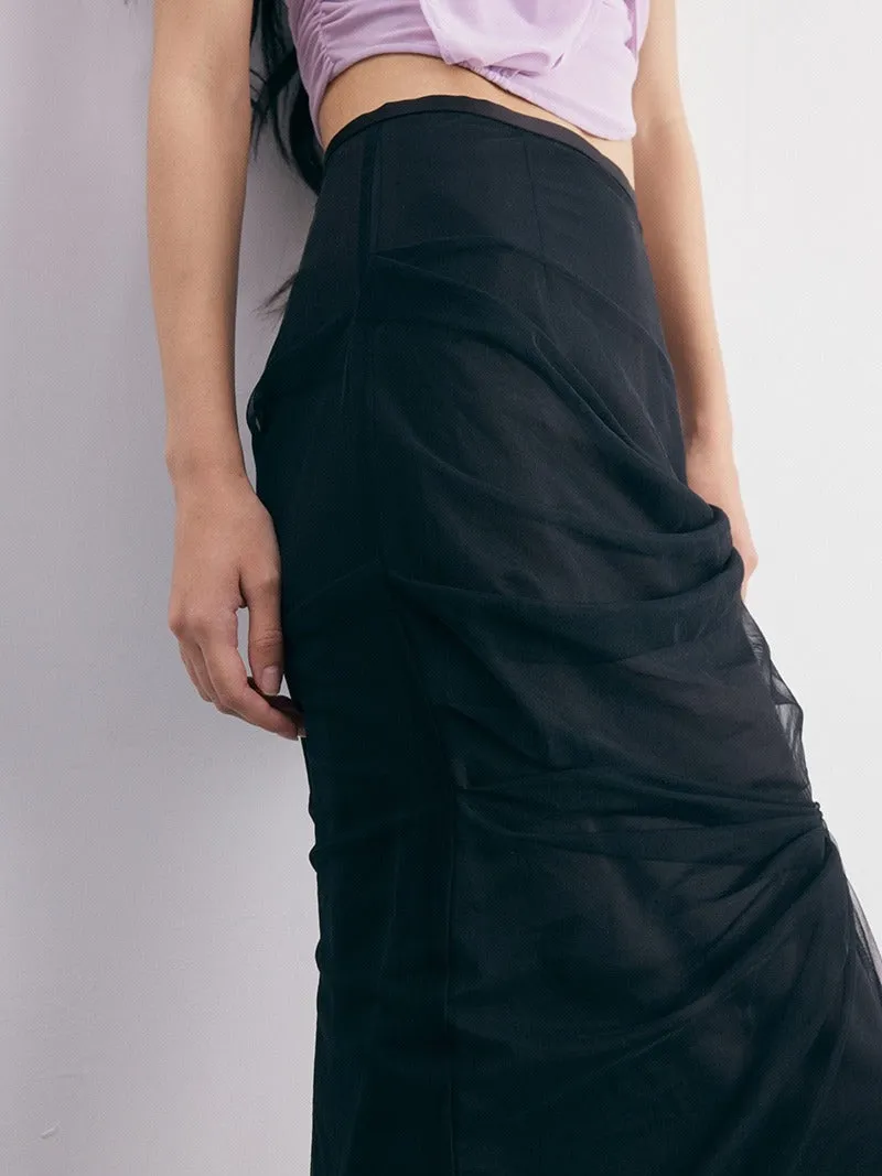 Irregular Cut Draped Mesh Pleated Wrap Long Skirt