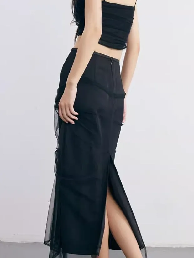 Irregular Cut Draped Mesh Pleated Wrap Long Skirt