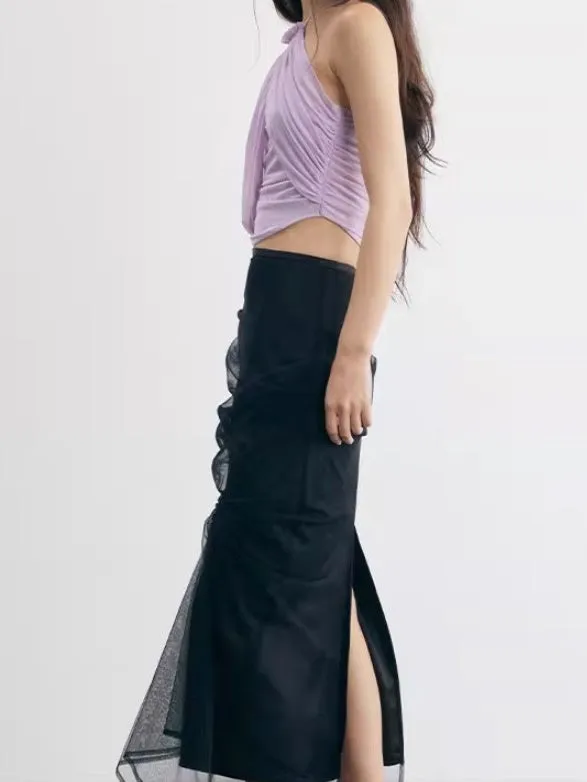 Irregular Cut Draped Mesh Pleated Wrap Long Skirt