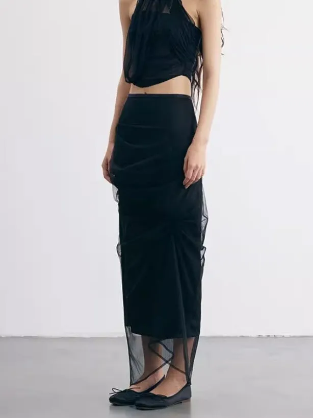 Irregular Cut Draped Mesh Pleated Wrap Long Skirt