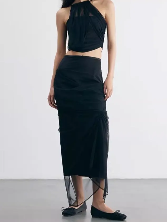 Irregular Cut Draped Mesh Pleated Wrap Long Skirt