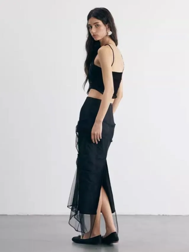 Irregular Cut Draped Mesh Pleated Wrap Long Skirt