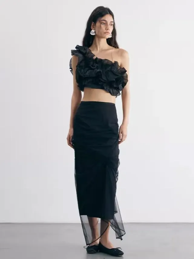 Irregular Cut Draped Mesh Pleated Wrap Long Skirt