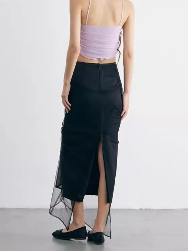 Irregular Cut Draped Mesh Pleated Wrap Long Skirt