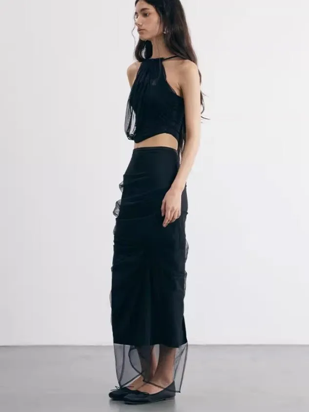 Irregular Cut Draped Mesh Pleated Wrap Long Skirt