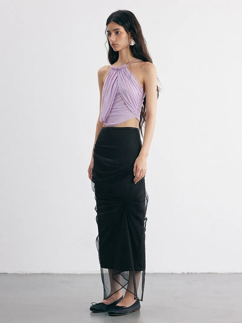 Irregular Cut Draped Mesh Pleated Wrap Long Skirt
