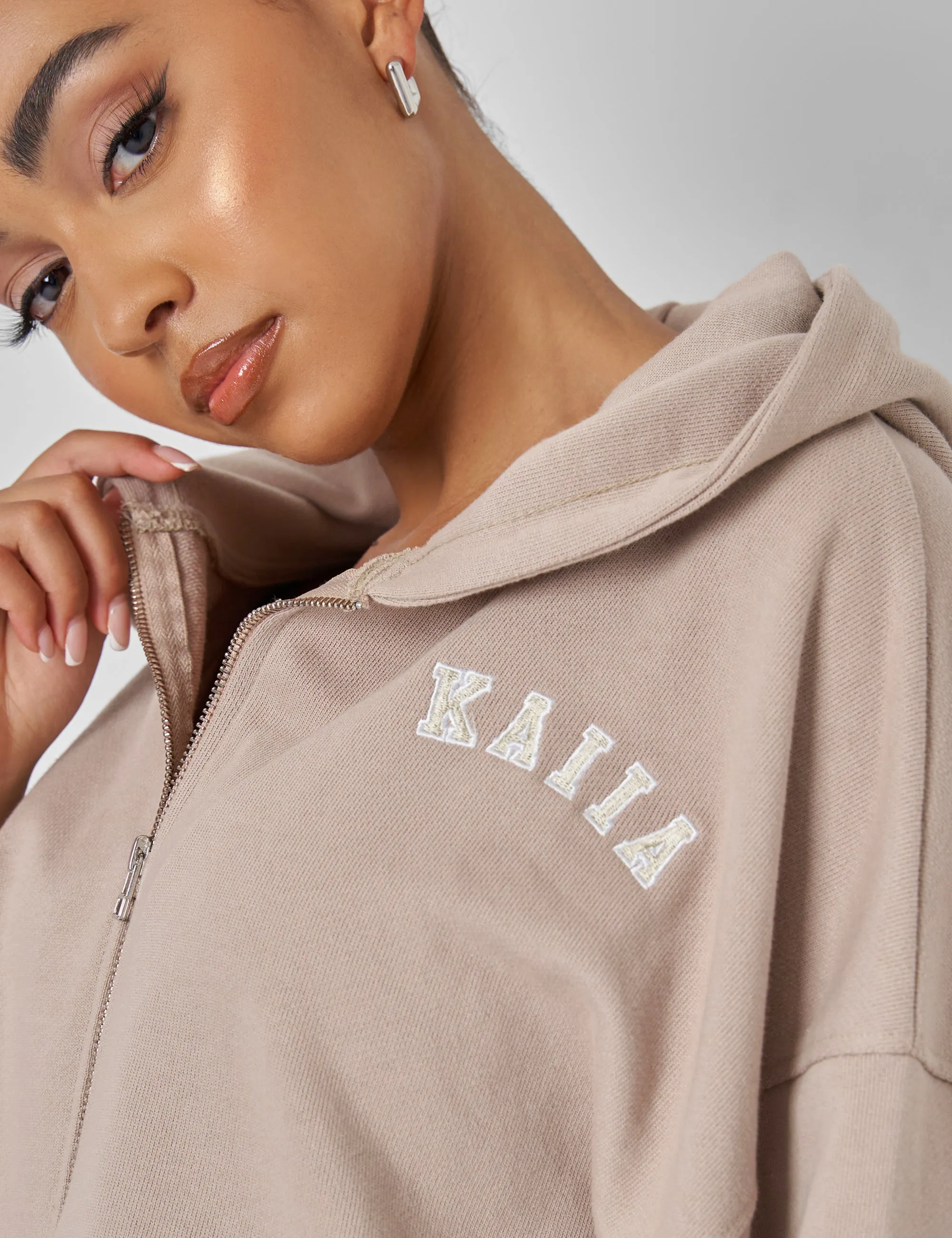 Kaiia Zip Through Cropped Hoodie Stone