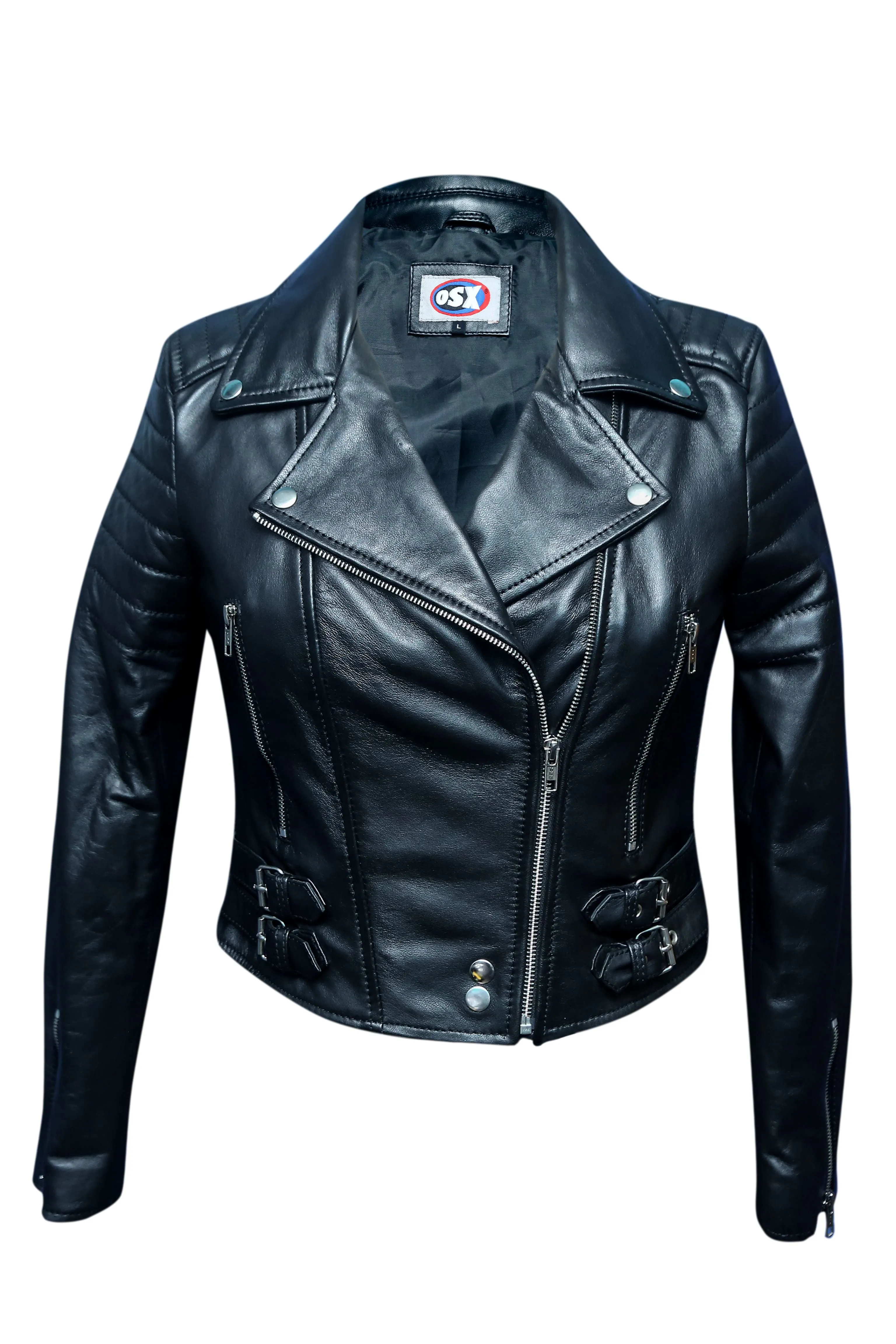 LADIES SHORT BIKER FASHION LEATHER JACKET  BLACK SHEEP NAPPA S089