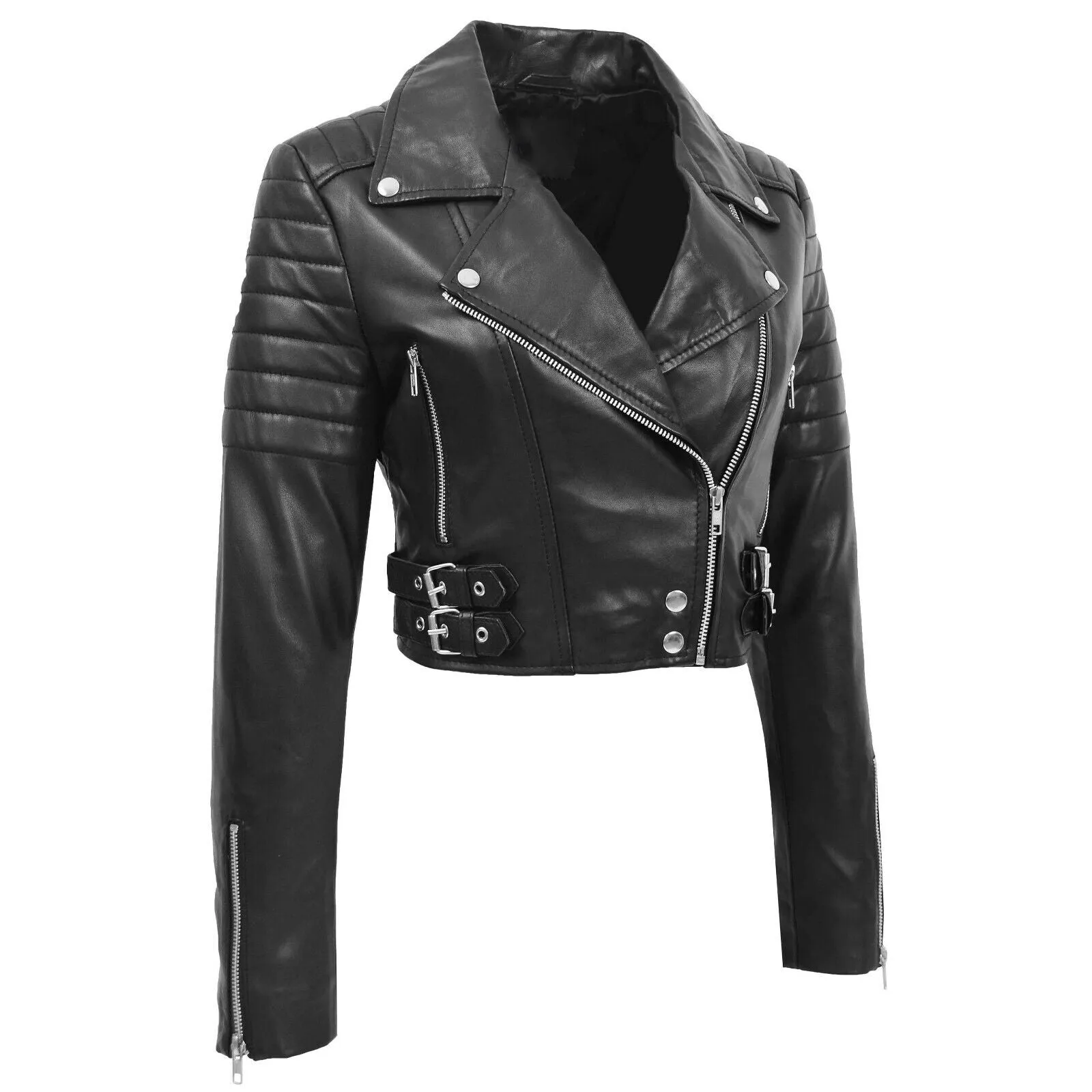 LADIES SHORT BIKER FASHION LEATHER JACKET  BLACK SHEEP NAPPA S089