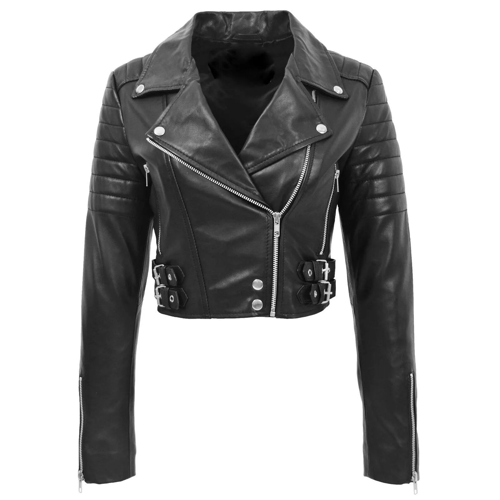 LADIES SHORT BIKER FASHION LEATHER JACKET  BLACK SHEEP NAPPA S089