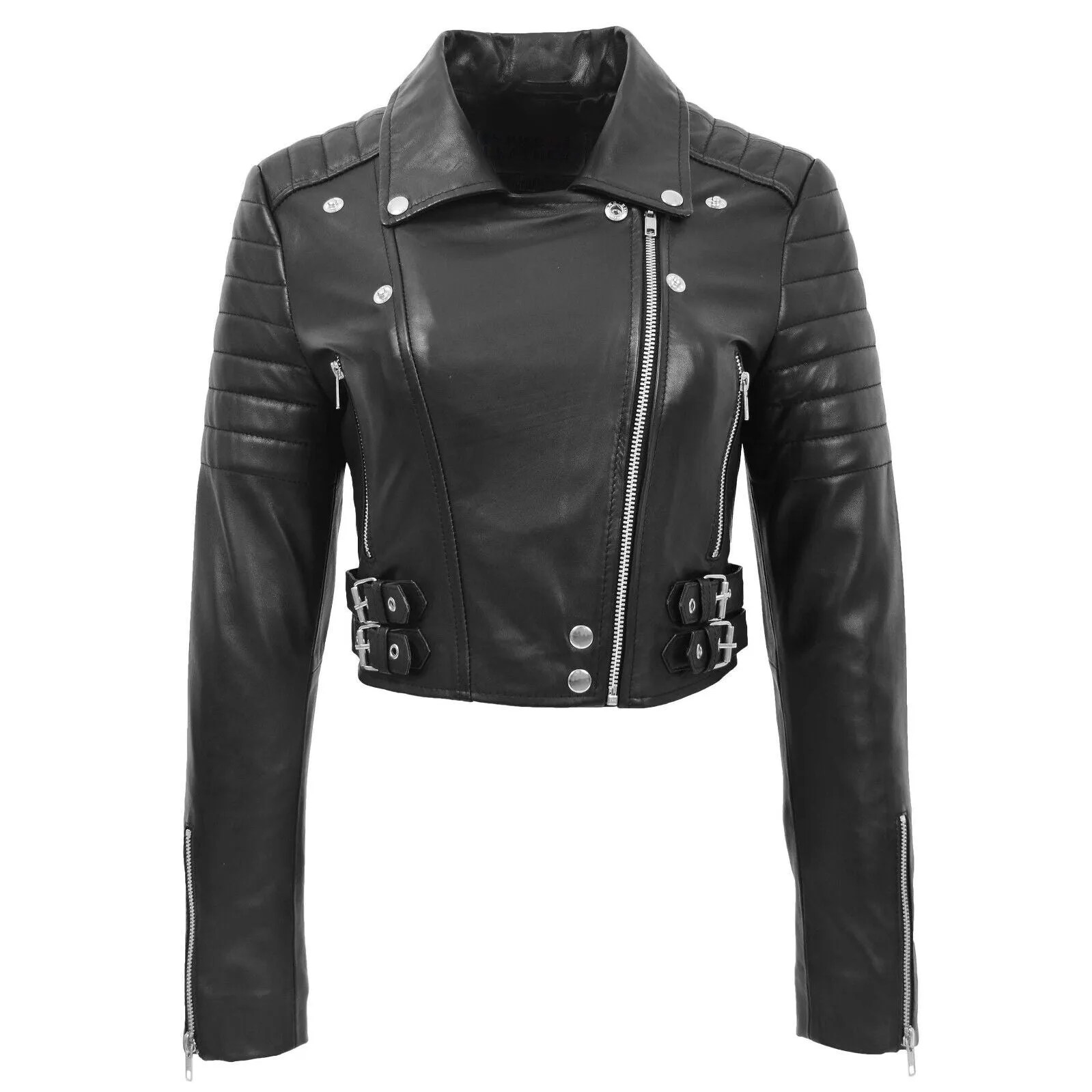 LADIES SHORT BIKER FASHION LEATHER JACKET  BLACK SHEEP NAPPA S089