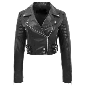 LADIES SHORT BIKER FASHION LEATHER JACKET  BLACK SHEEP NAPPA S089