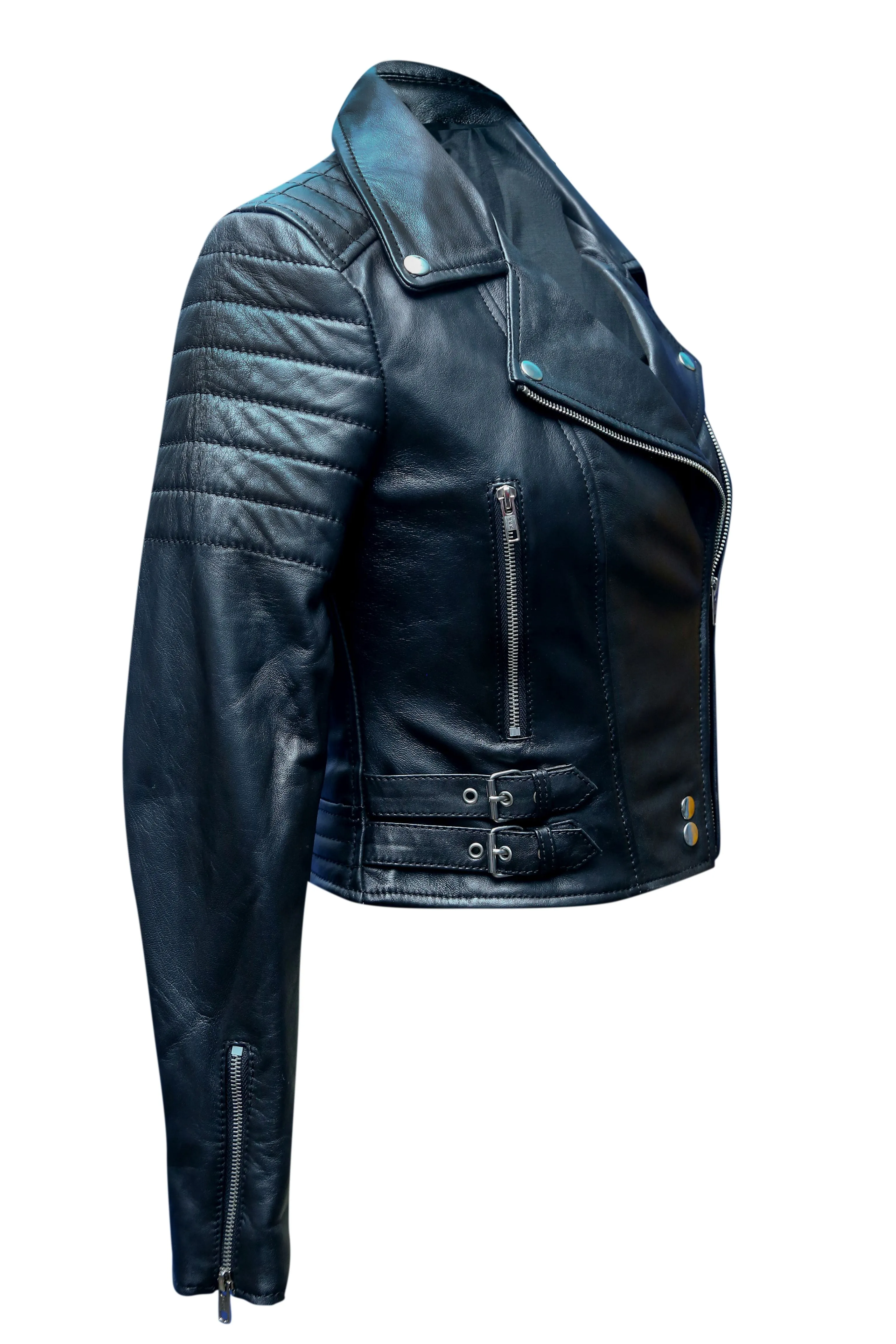 LADIES SHORT BIKER FASHION LEATHER JACKET  BLACK SHEEP NAPPA S089