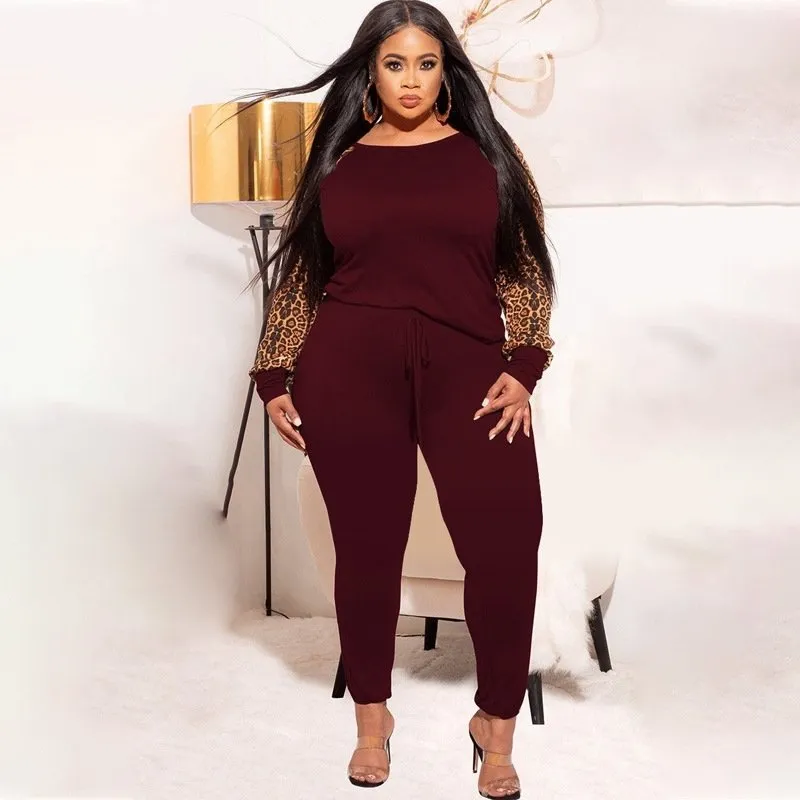 Leopard Sleeve Blouse & Pants Two-Piece Set
