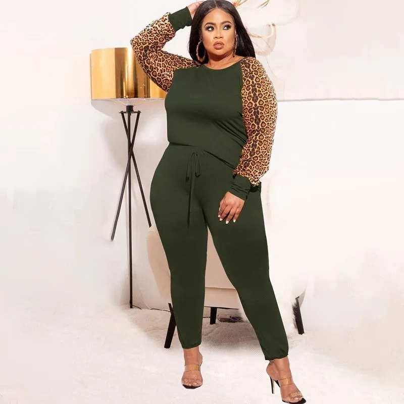 Leopard Sleeve Blouse & Pants Two-Piece Set