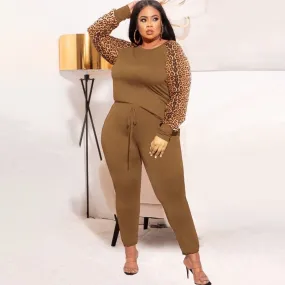 Leopard Sleeve Blouse & Pants Two-Piece Set