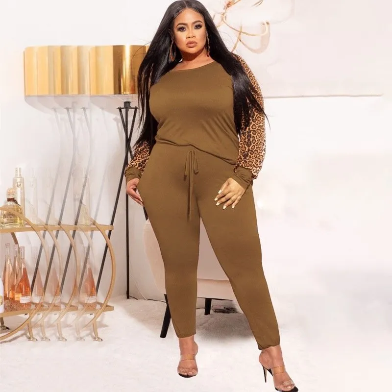 Leopard Sleeve Blouse & Pants Two-Piece Set