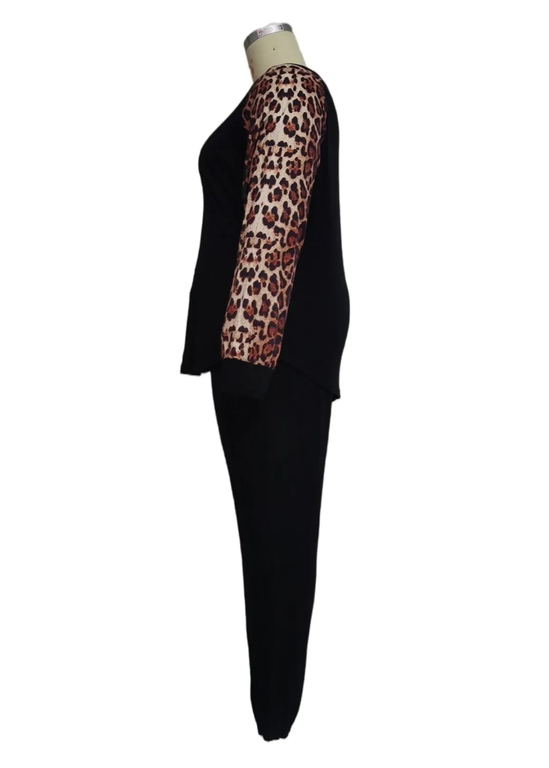 Leopard Sleeve Blouse & Pants Two-Piece Set