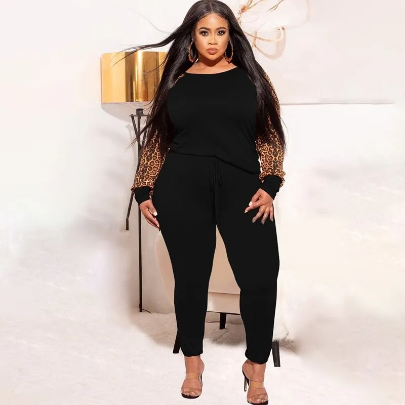 Leopard Sleeve Blouse & Pants Two-Piece Set