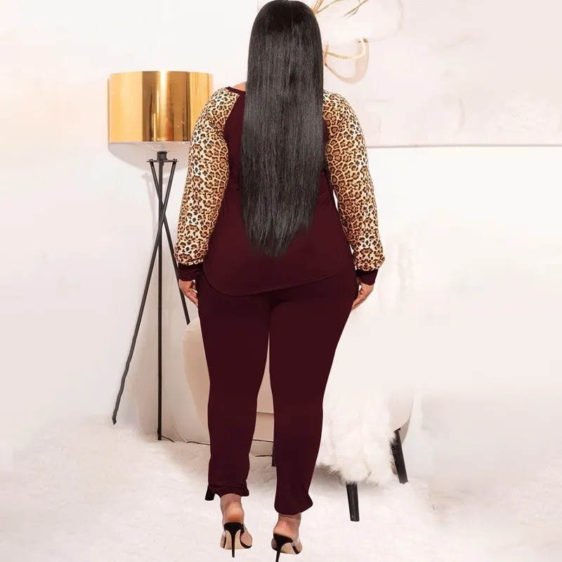 Leopard Sleeve Blouse & Pants Two-Piece Set