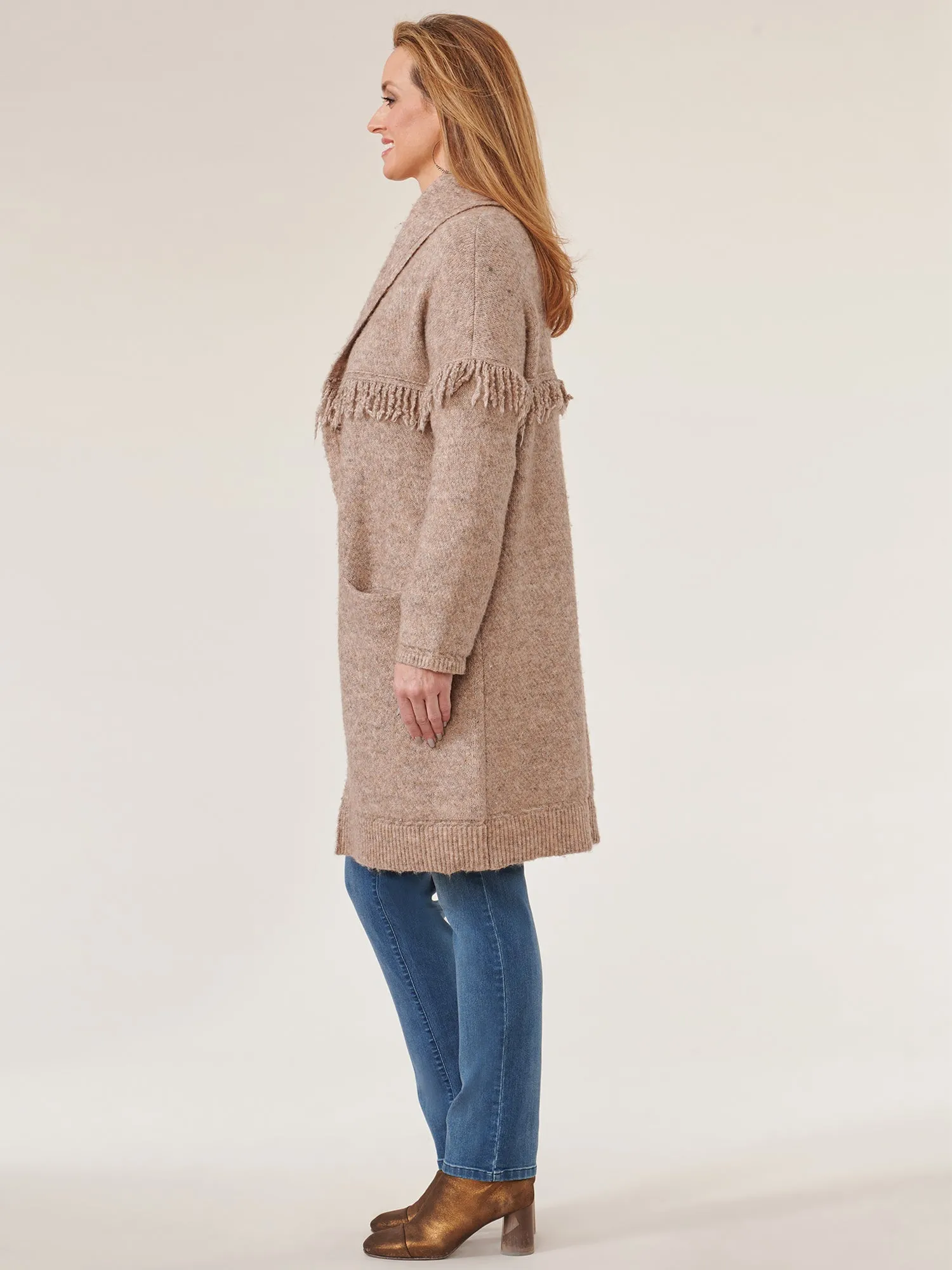Long Sleeve Fringe Yoke Shawl Collar Drop Pocket Coatigan