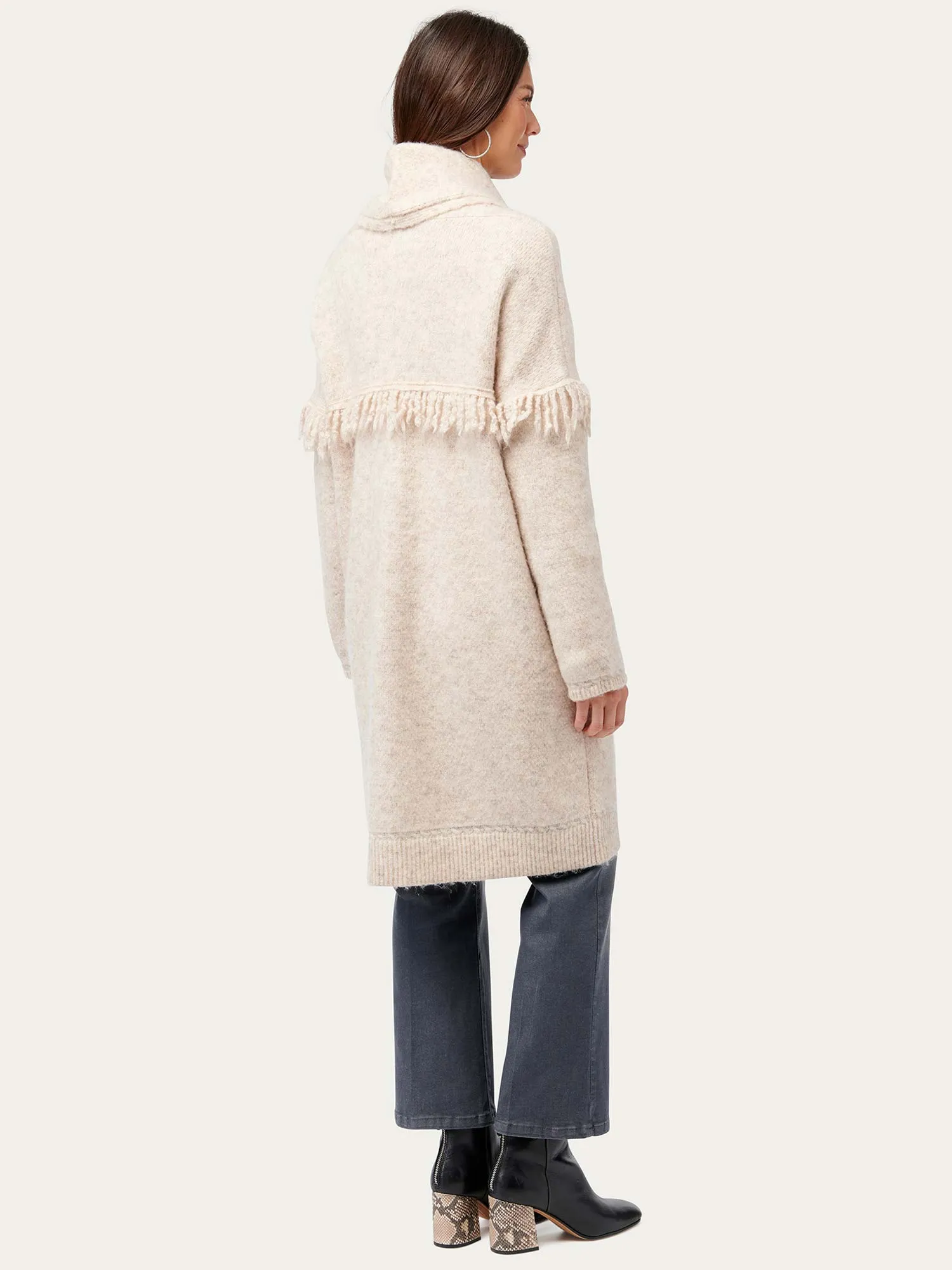 Long Sleeve Fringe Yoke Shawl Collar Drop Pocket Coatigan