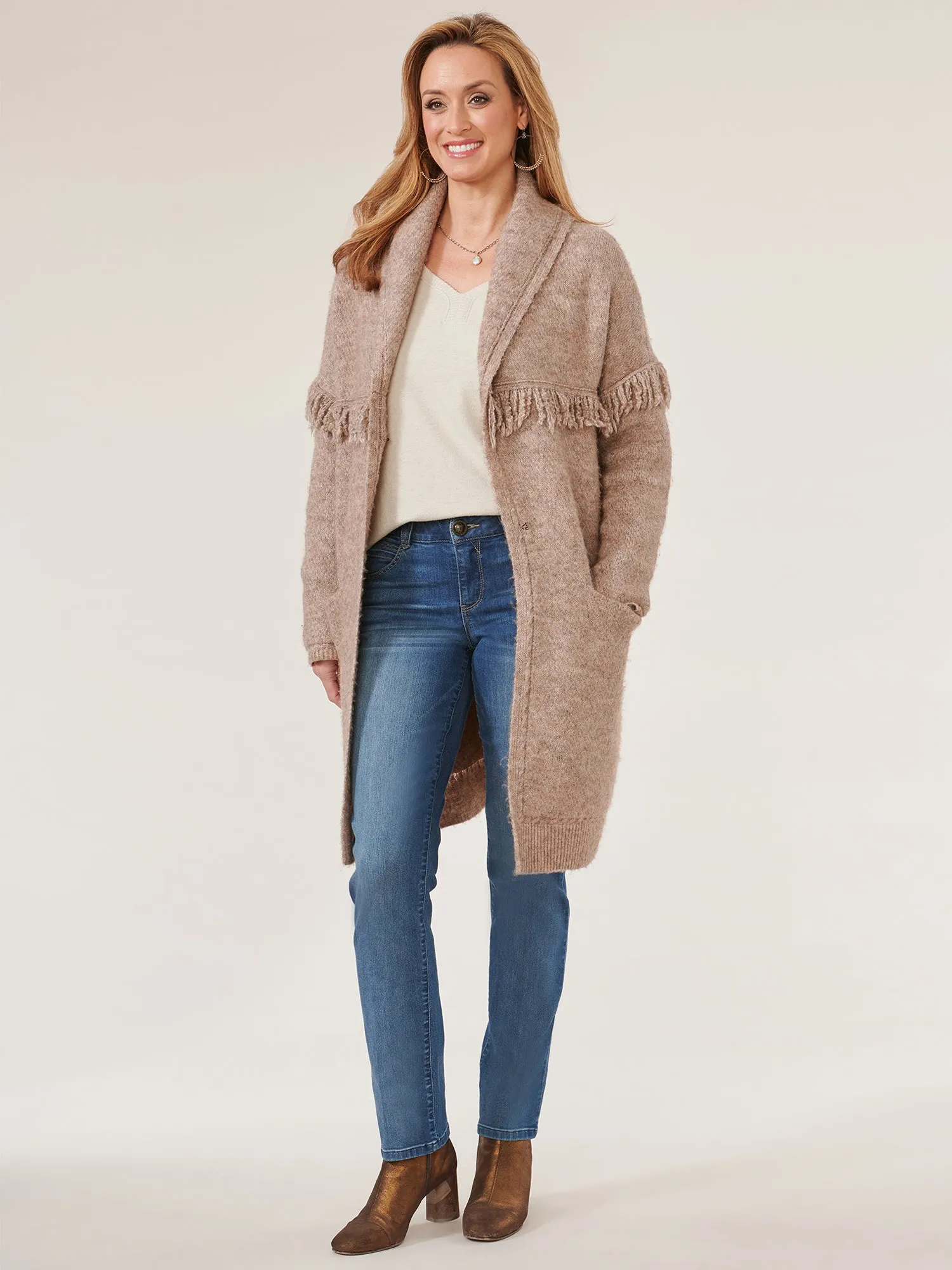 Long Sleeve Fringe Yoke Shawl Collar Drop Pocket Coatigan