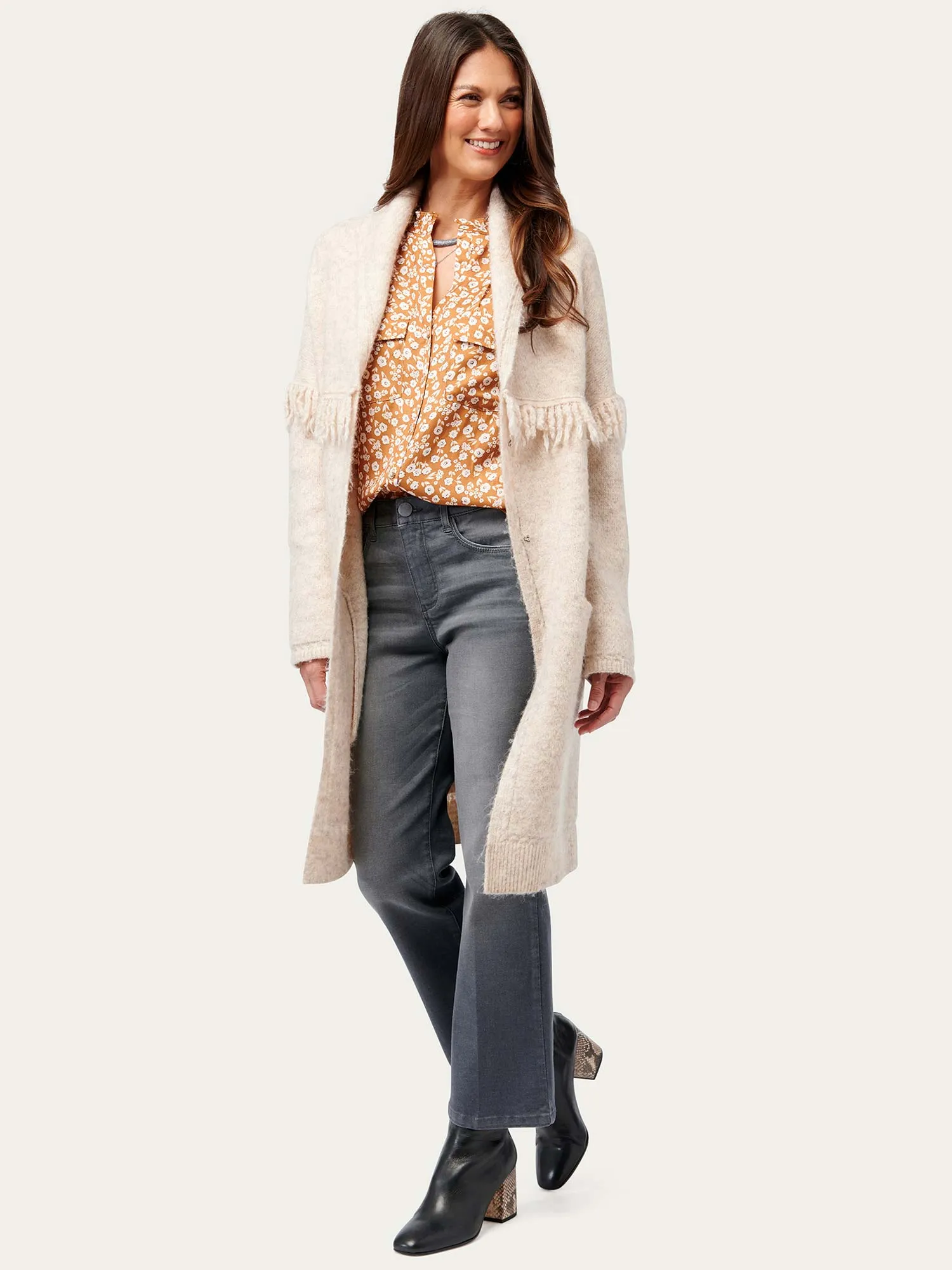Long Sleeve Fringe Yoke Shawl Collar Drop Pocket Coatigan